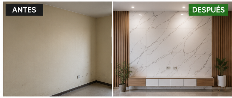 Antes y después: Pared sin revestimiento vs panel PVC estilo mármol